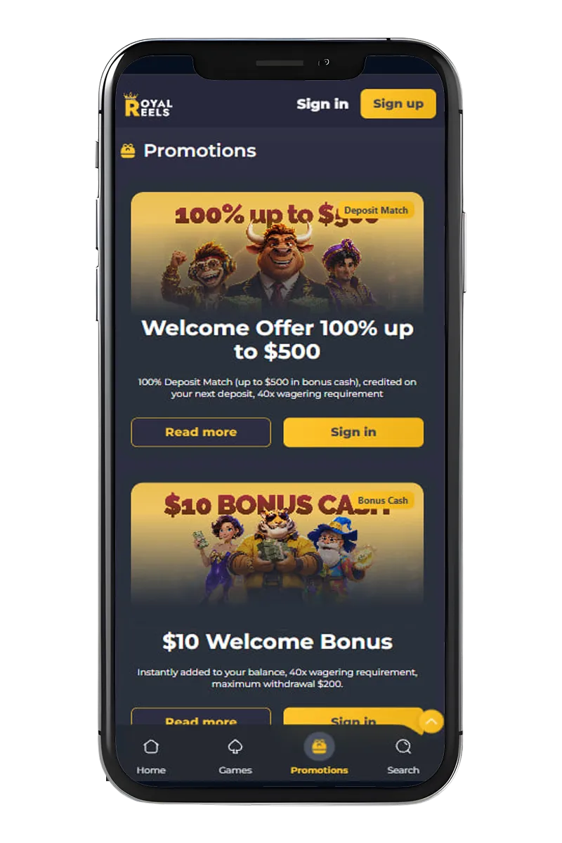 Screenshot of casino welcome bonuses